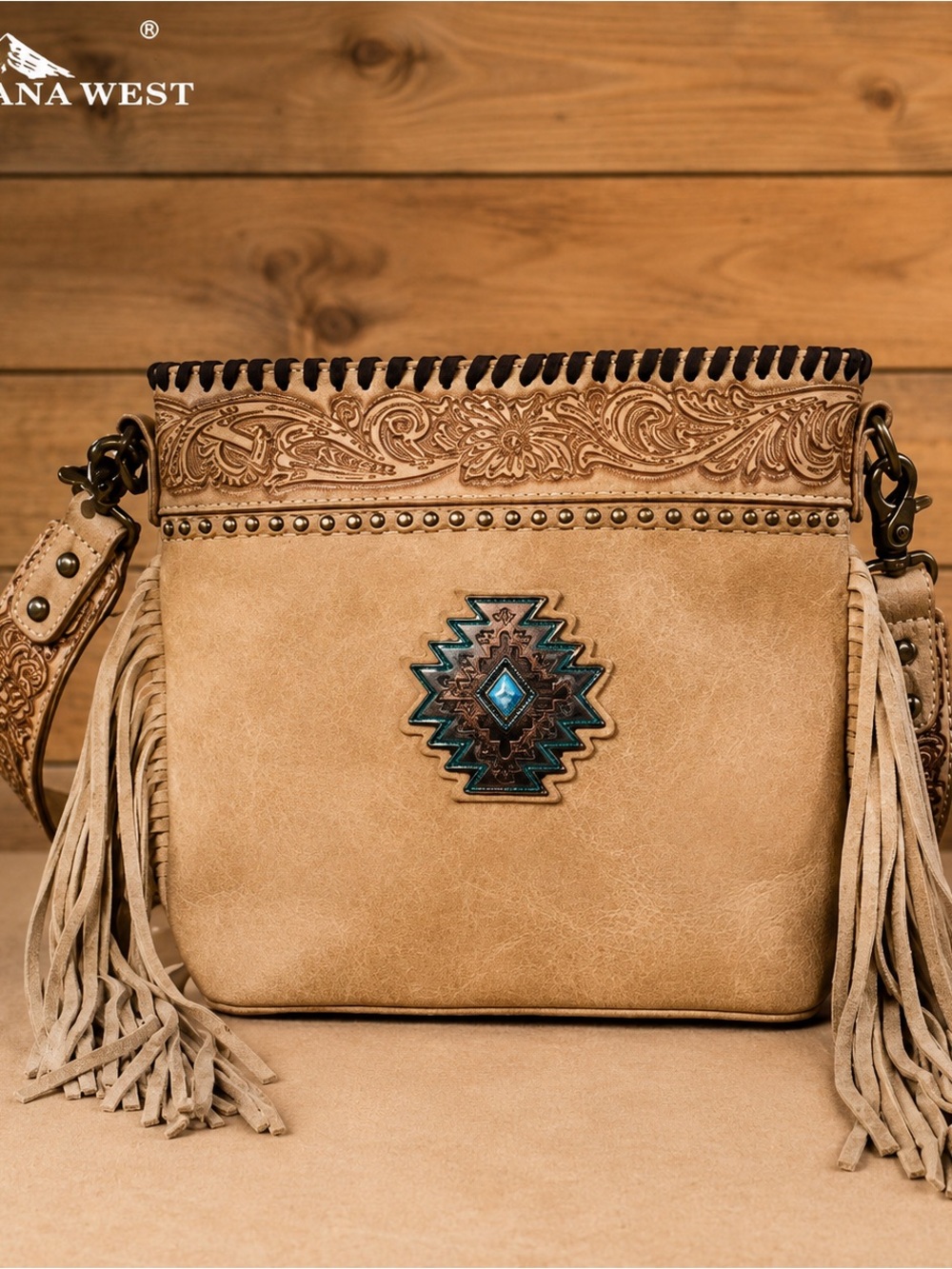 Montana West Tooled Aztec Concho Crossbody Bag Tan NWT